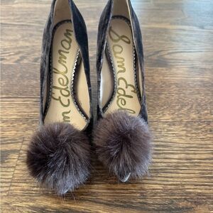 Sam Edelman Black Heels with Fluffy Pom Pom